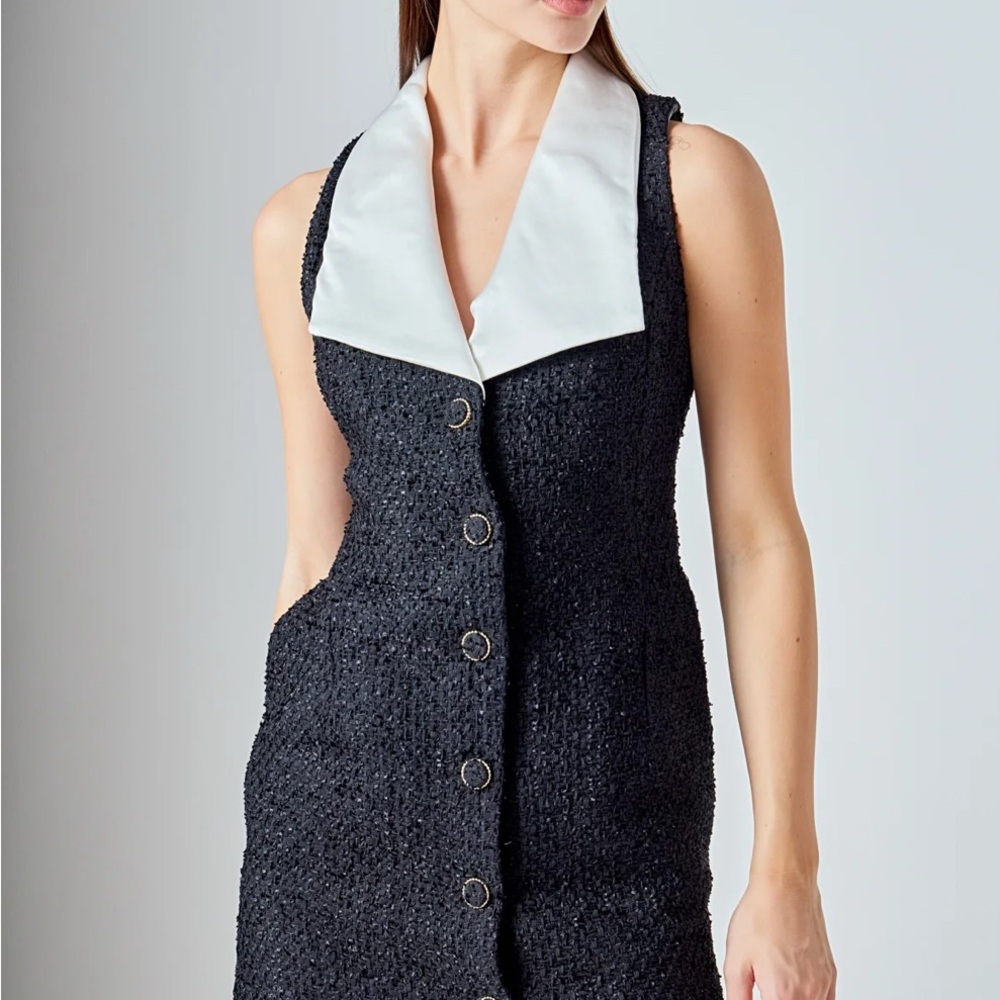 Endless Rose Black Textured Sleeveless Dress with White Collar premium